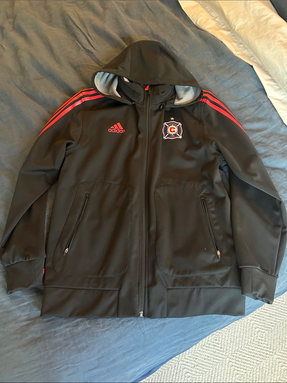 adidas Chicago Fire FC Black Hooded Medium Weight Jacket with Red Trim